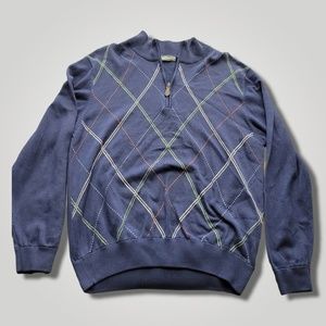 Alan Flusser Sweater Mens Medium Blue Pullover Pattern Quarter Zip Long Sleeve